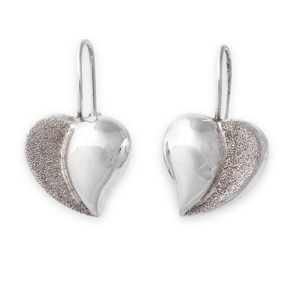 Vintage Sterling Silver Heart Leverback Earrings Textured Modernist